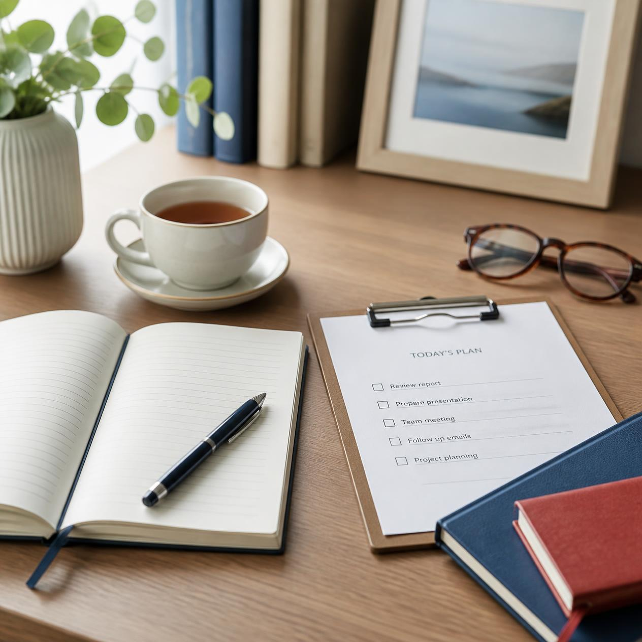 A tidy desk with a daily plan checklist, notebook, glasses and tea, representing functional capacity assessments