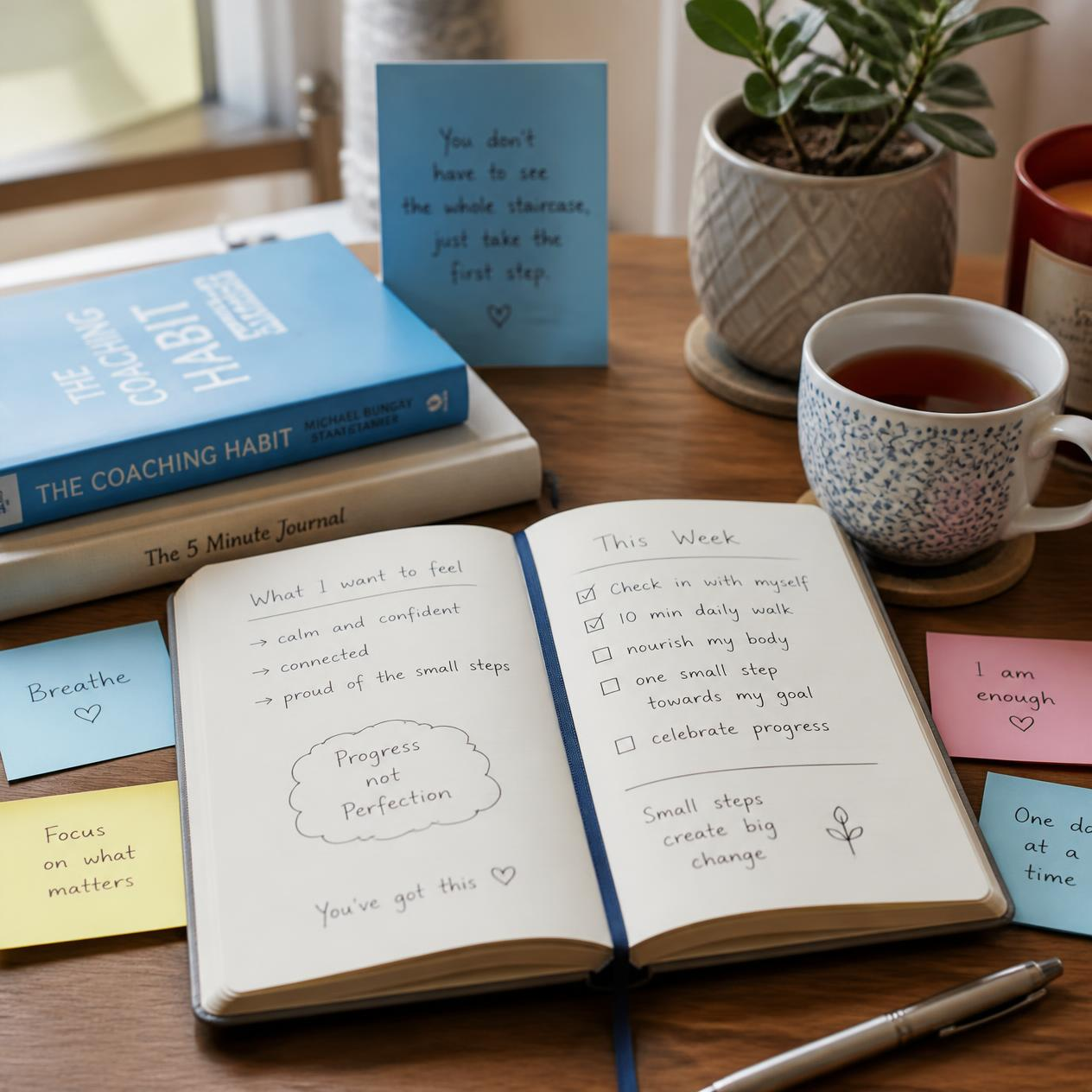 An open coaching journal with a book and encouraging sticky notes, representing parental coaching support