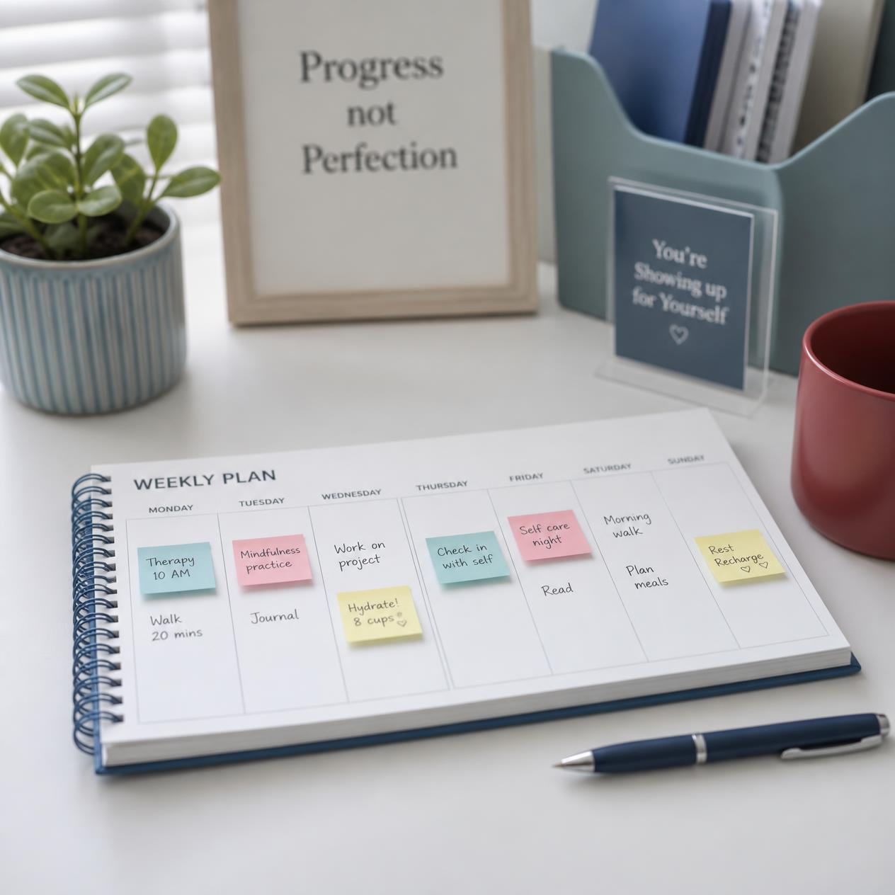 A weekly planner with colourful sticky notes and a positive quote, representing ongoing therapy and building daily routines